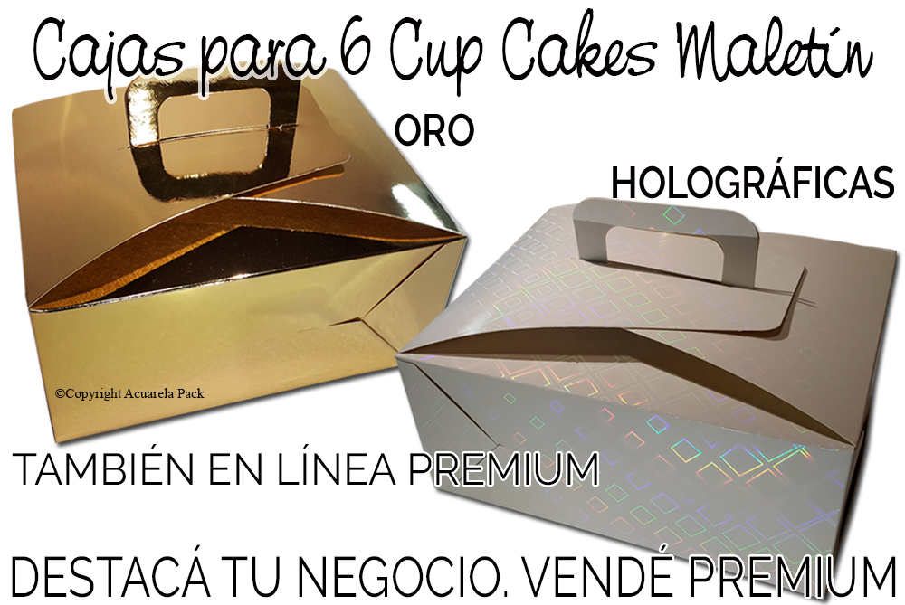 Cajas 6 Cup Cakes, estilo maletín. Disponibles en nuestras cuatro Líneas. En ésta imágen: Línea Premium