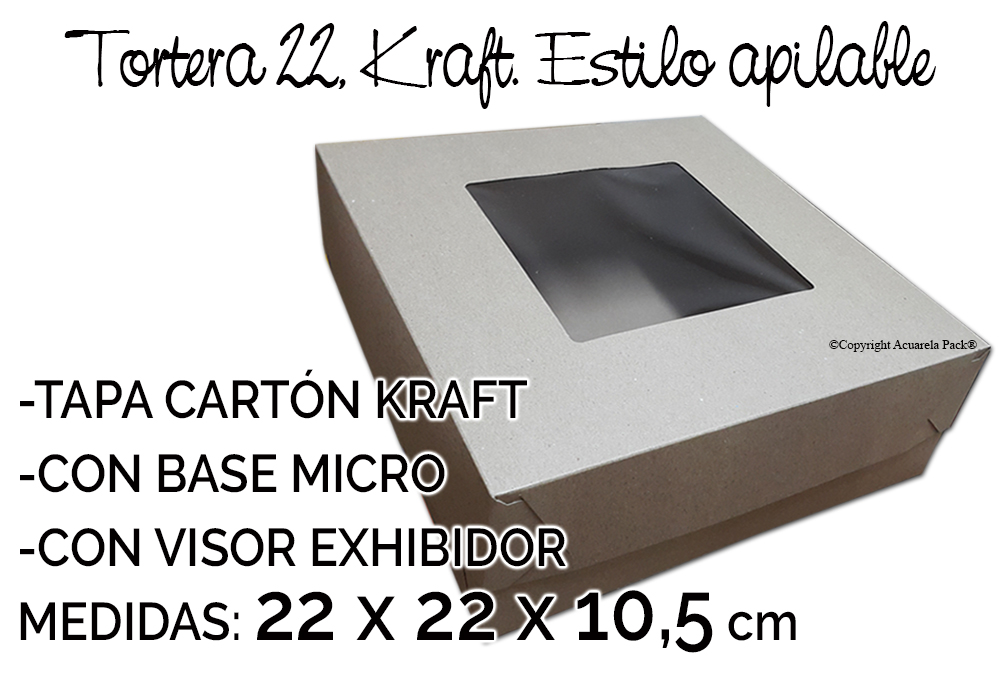 1600 Tortera 22 KRAFT. Estilo apilable, con visor exhibidor. Con base de microcorrugado