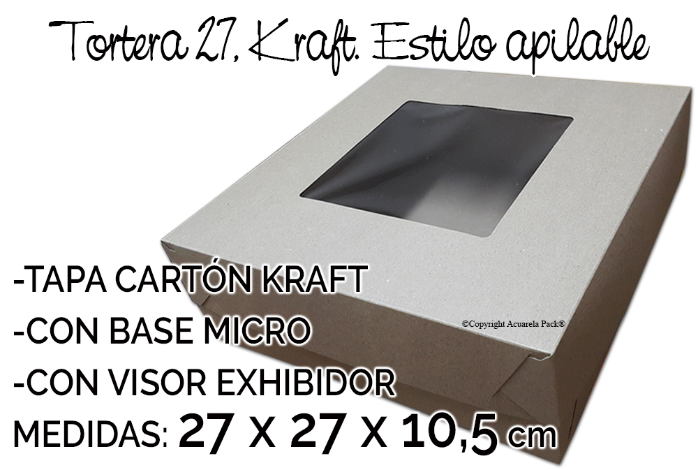 1610 Tortera 27 KRAFT. Estilo apilable, con visor exhibidor. Con base de microcorrugado